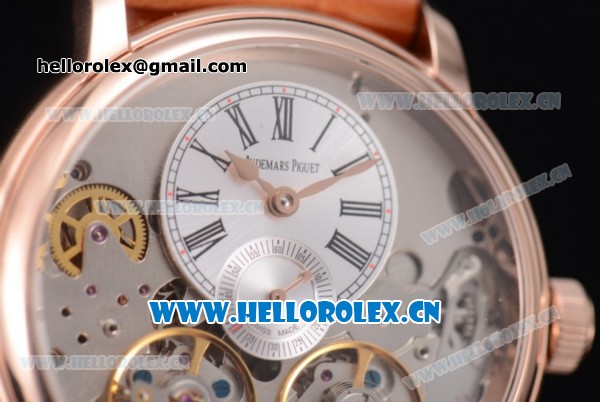 Audemars Piguet Jules Audemars Skeleton Tourbillon Asia ST25 Automatic Rose Gold Case Silver Dial Roman Numeral Markers and Brown Leather Strap - Click Image to Close